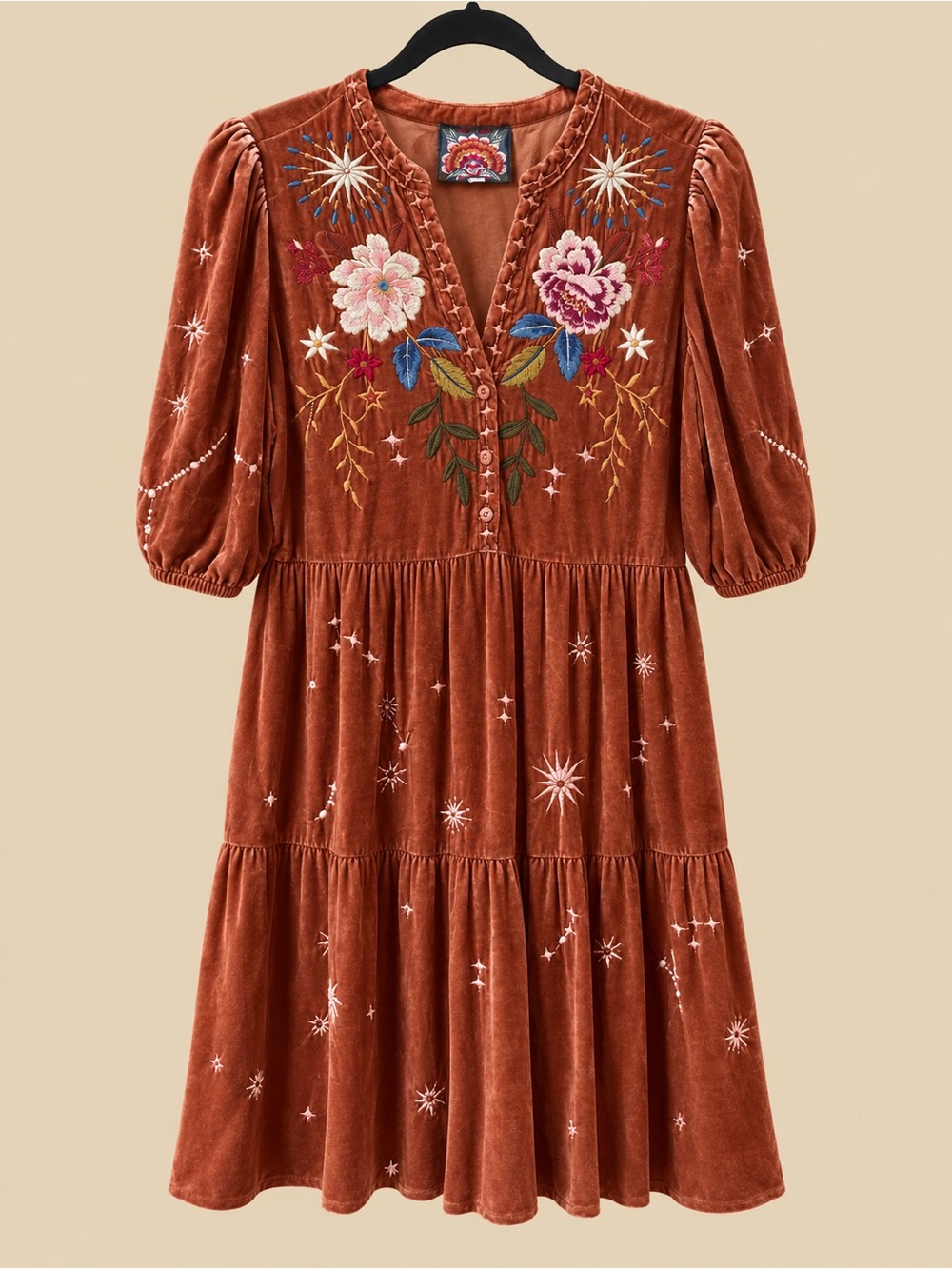 Johnny Was Rust Velvet Tiered Midi Dress with Floral Embroidery